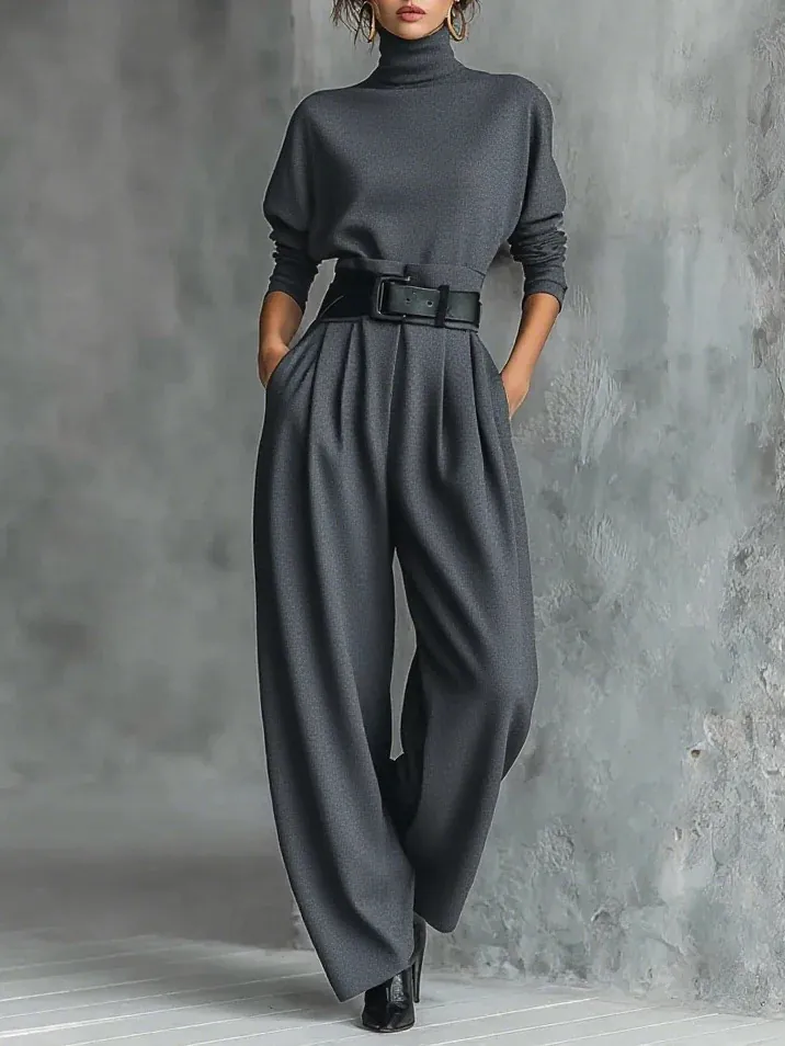 Women Elegant High Neck Long Sleeve Top And Bottom With High Waist Wide Leg Pants Polyester Commuting Casual Outfit Set With Belt
