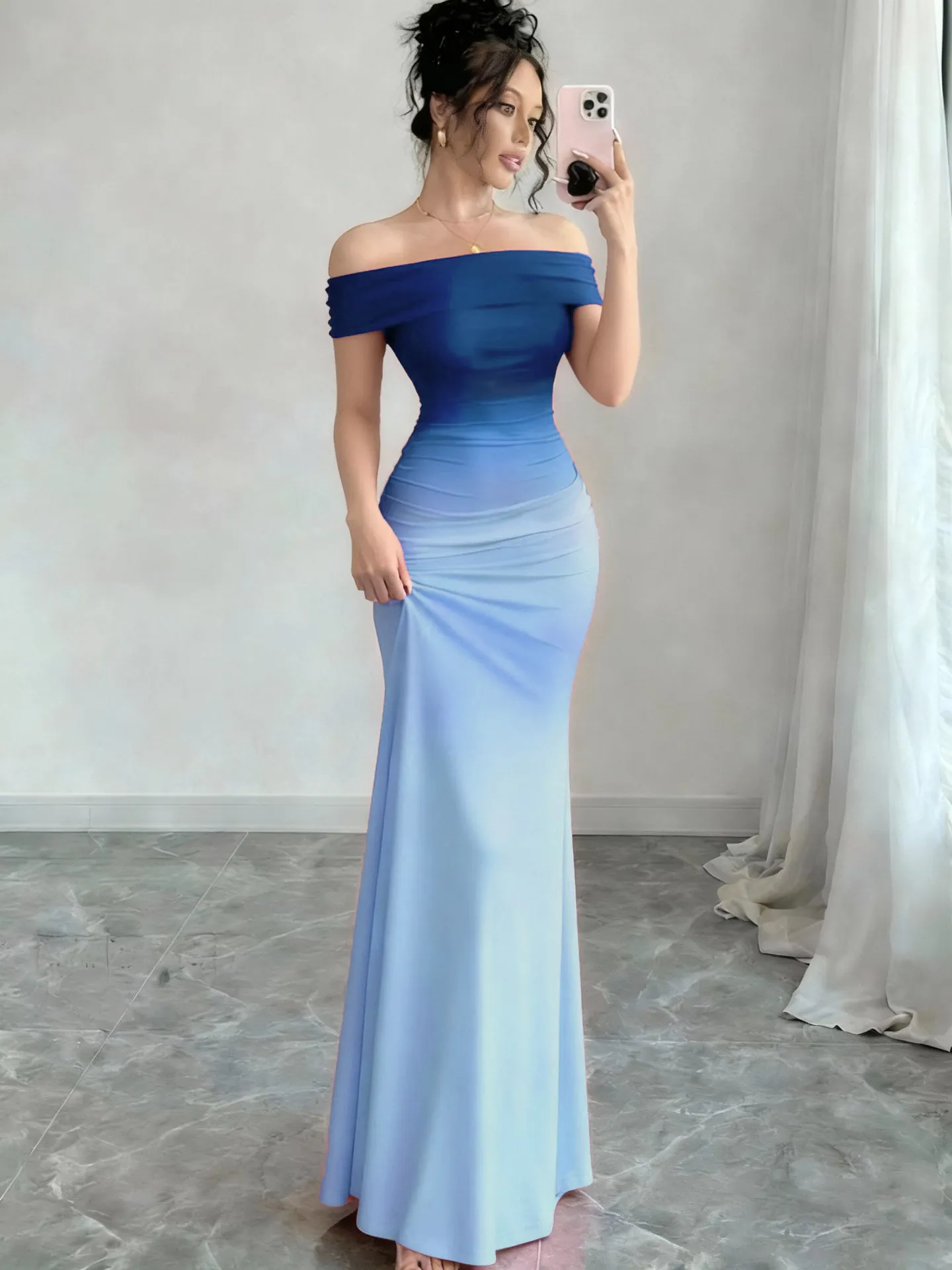 Vestito Lungo Aderente da Donna Sexy Sfumato Spalle Scoperte Elegante Manica Corta Vita Alta Vestito da Festa