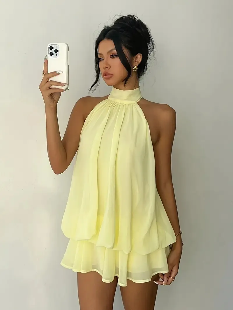 Women Sexy Halter Neck Backless Mini Dress Solid Color Ruffle Tiered Sleeveless Bodycon Vacation Party Dress For Ladies
