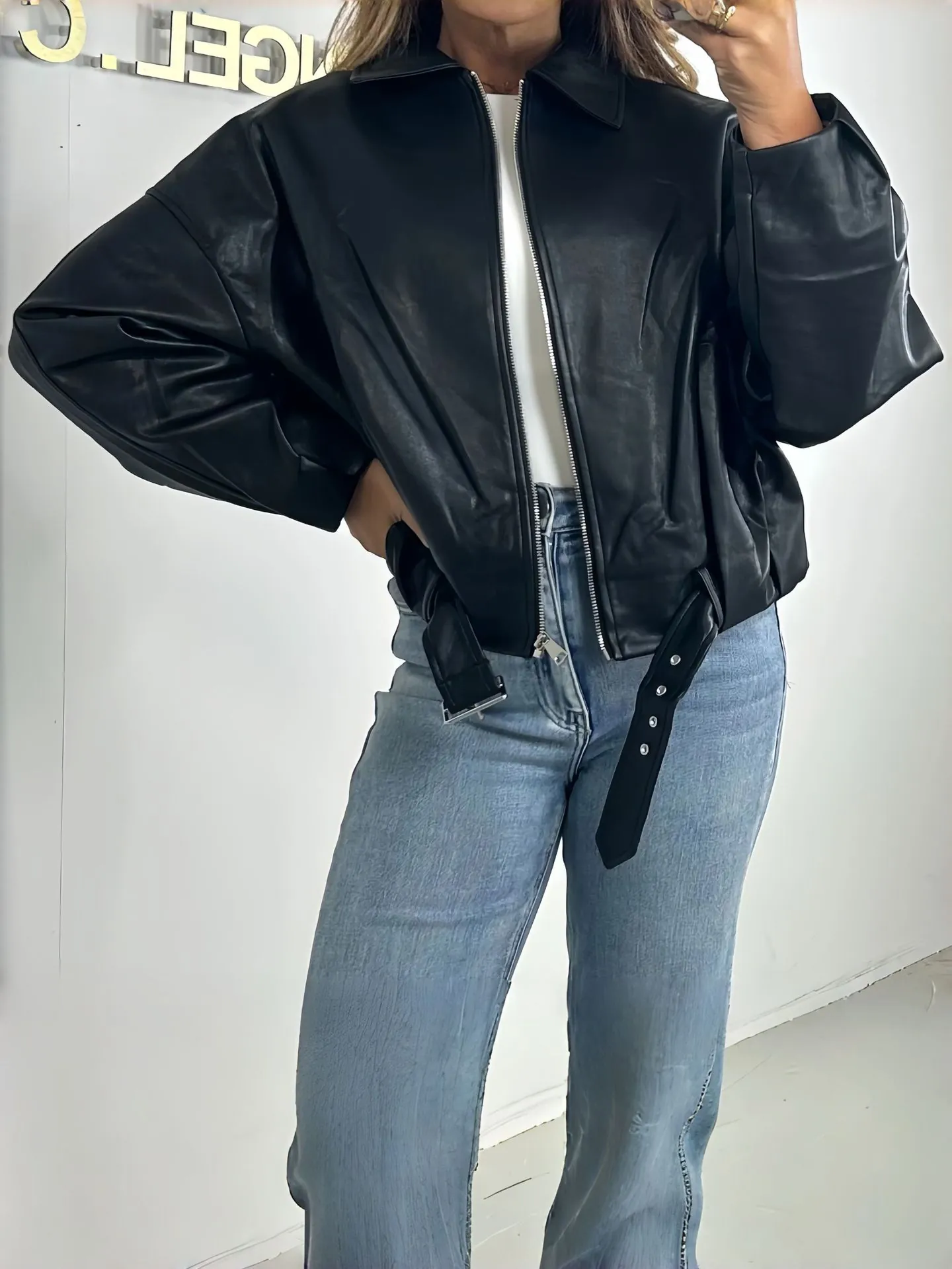 Women American Retro Faux Leather Bomber Jacket Vintage PU Biker Coat Oversized Lapel Zipper Outerwear With Adjustable Belt Hem Top