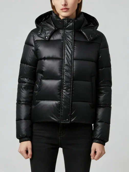 Women's Winter Padded Jacket Glossy Hooded Puffer Coat Warm Quilted Parka Outerwear Casual Solid Color Zipper Closure Top