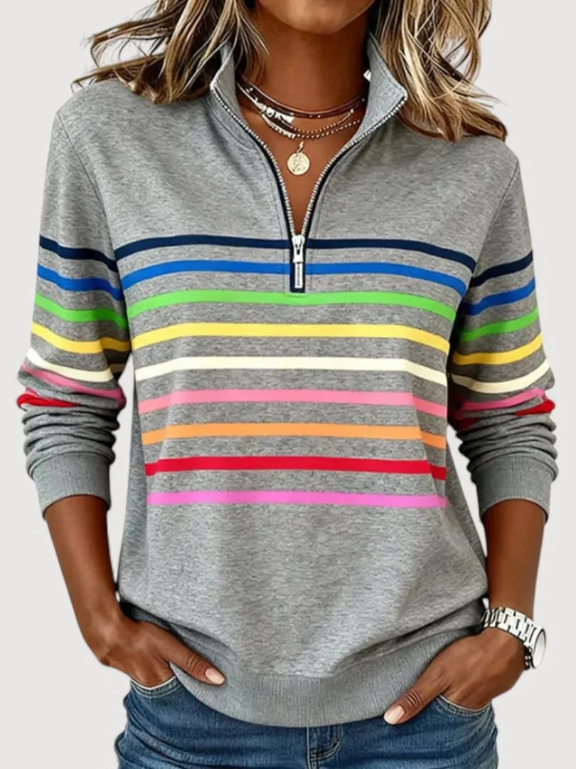 Felpa Casual da Donna con Mezza Zip a Righe Revers Manica Lunga Pullover in Poliestere Top Felpa con Stampa Arcobaleno