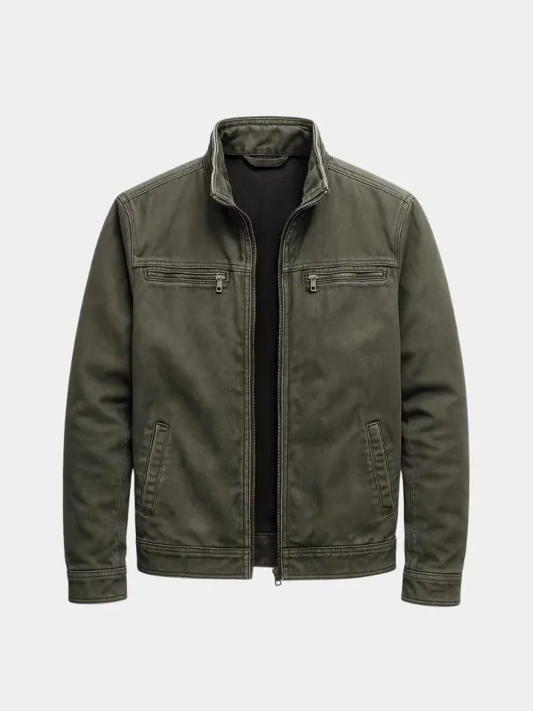Men Vintage Cotton Cargo Jacket Loose Fit Stand Collar Zipper Workwear Outerwear With Multi Pockets Casual Windbreaker Jacket