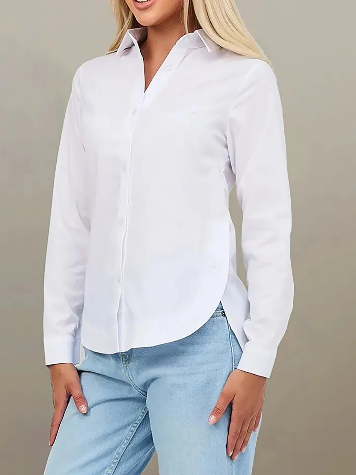 Women Long Sleeve Button Down Blouse Lapel Solid Color Office Commute Shirt Casual Curved Hem Top Fashion Lady Blouse