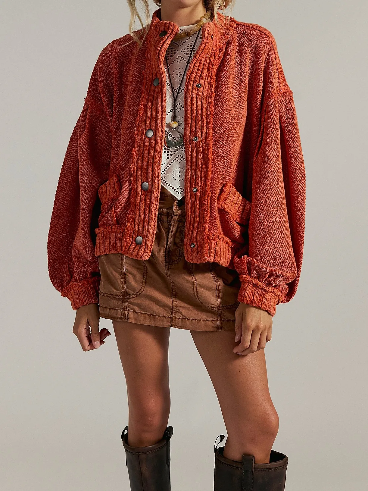 Women Vintage Loose Knitted Cardigan Sweater Jacket Oversized Lantern Sleeve Button Up Outerwear With Pockets Casual Top