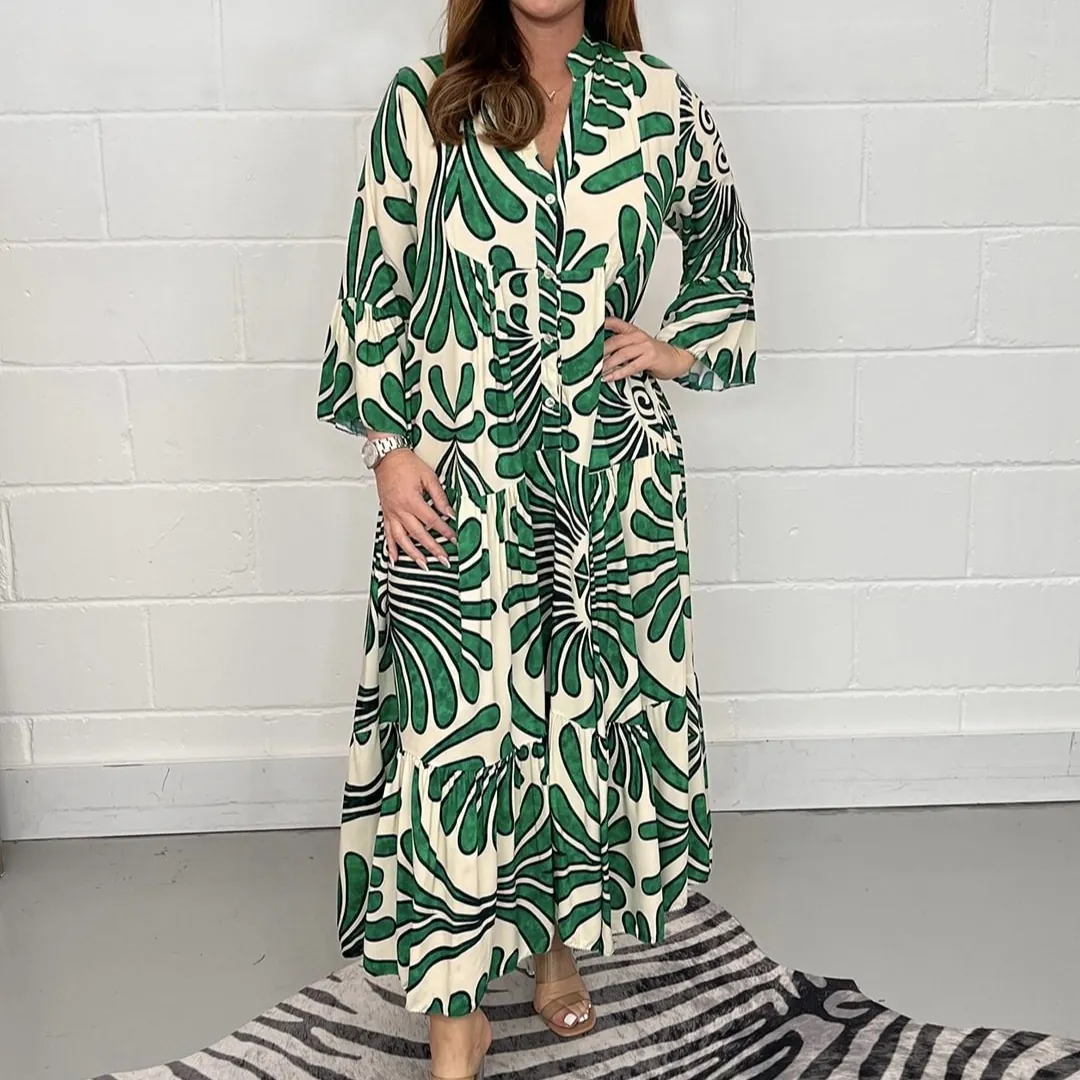 Vestido Maxi Escalonado Elegante para Mujer Cuello en V Estampado Floral Manga Acampanada Bohemio Falda Larga