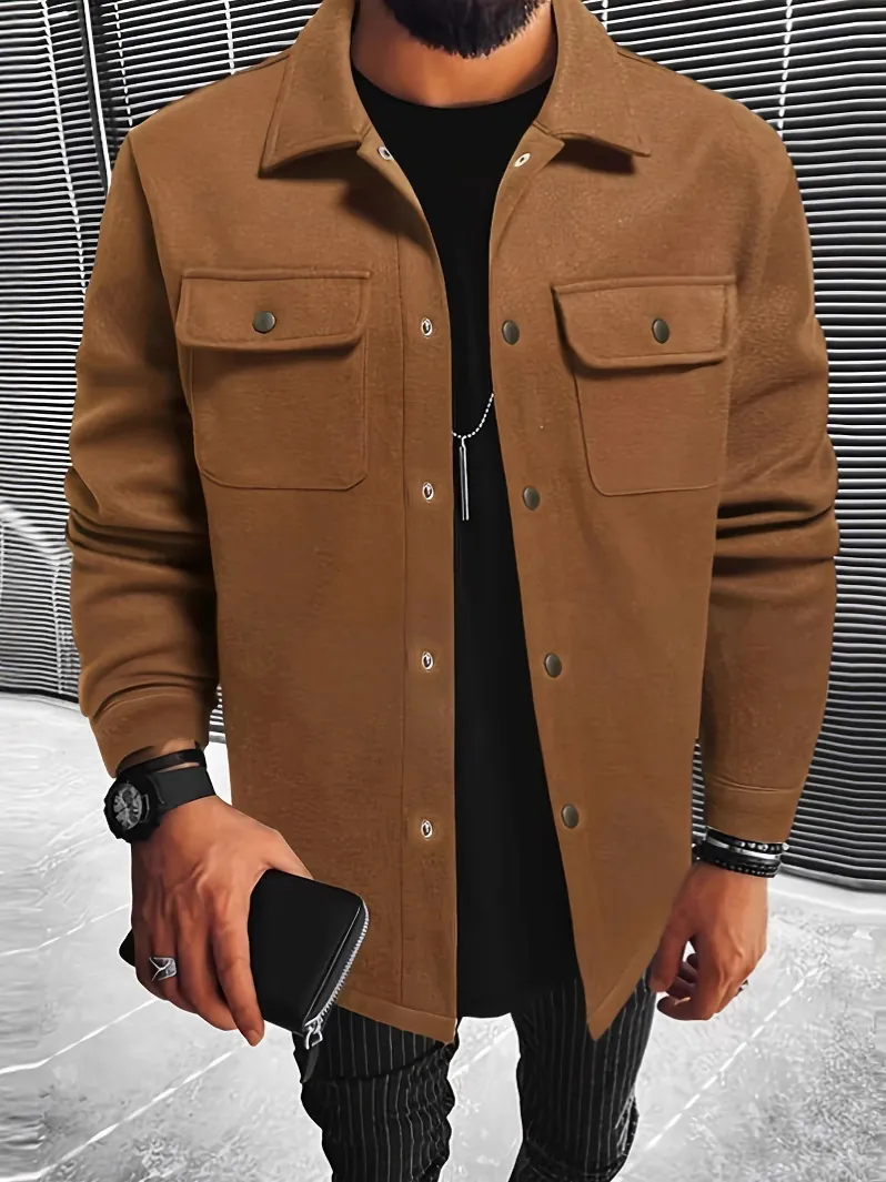 Giacca di Lana Casual da Uomo con Revers Monopetto Giacca da Volo Tinta Unita Multi Tasca Invernale Ispessita Top