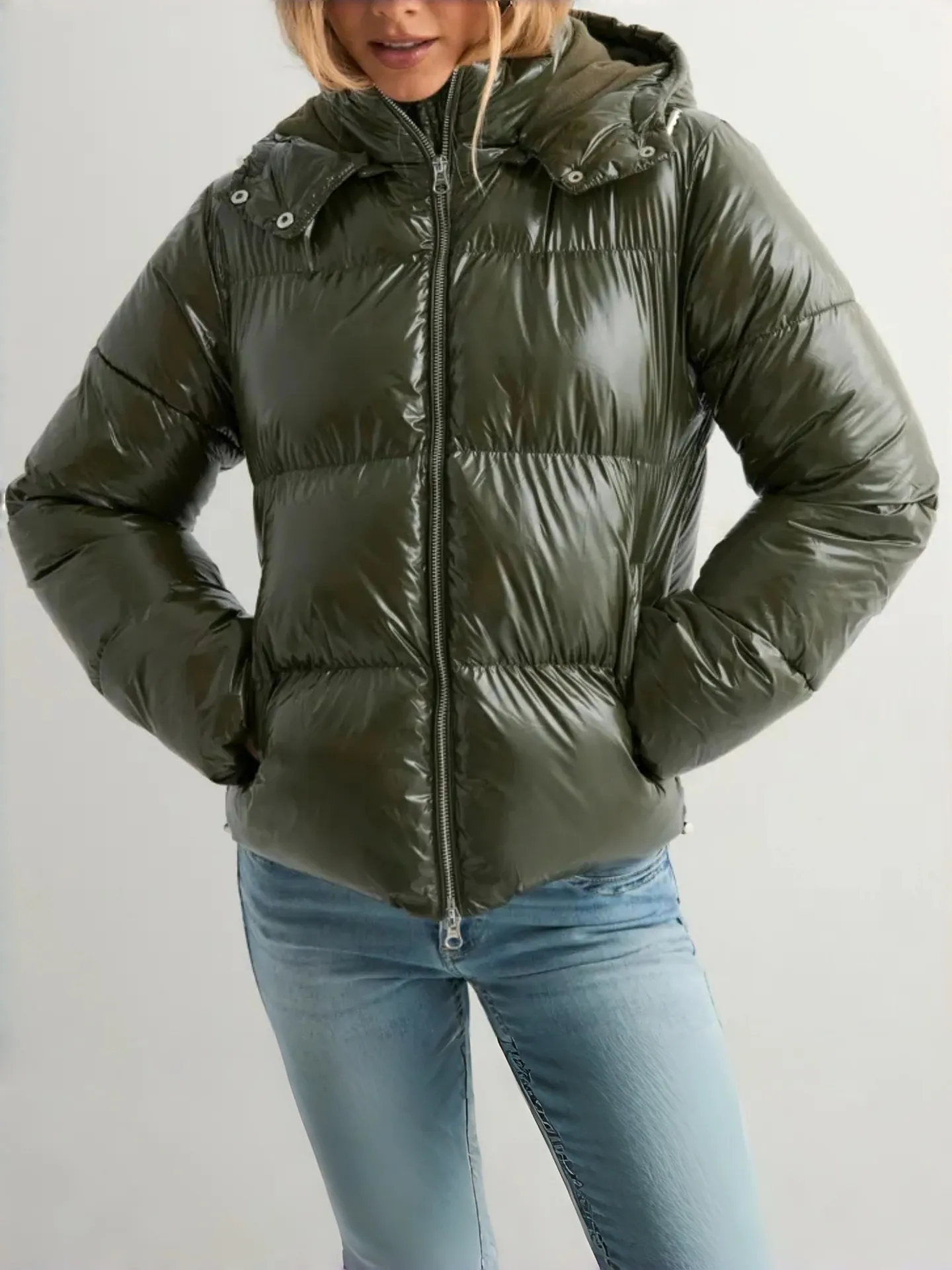 Women's Glossy Hooded Padded Jacket Shiny Winter Puffer Coat Thick Warm Casual Outerwear Top