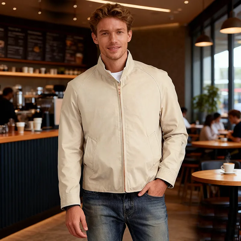 Men's Casual Stand Collar Zipper Jacket Polyester Solid Color Spring Autumn Loose Windbreaker Outerwear Male Top