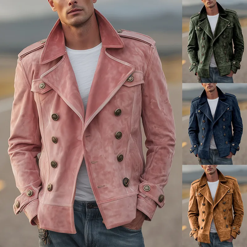 Chaqueta Vintage de Gamuza para Hombre con Solapa Doble Botonadura Estilo Workwear Abrigo Casual Cortavientos Primavera Otoño