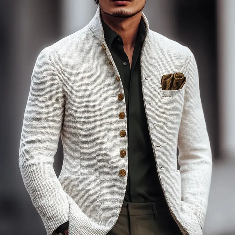 Men's Slim Fit Stand Collar Jacket Fashion Business Casual Multi Button Polyester Outerwear Waffle Texture Blazer For Daily Wear