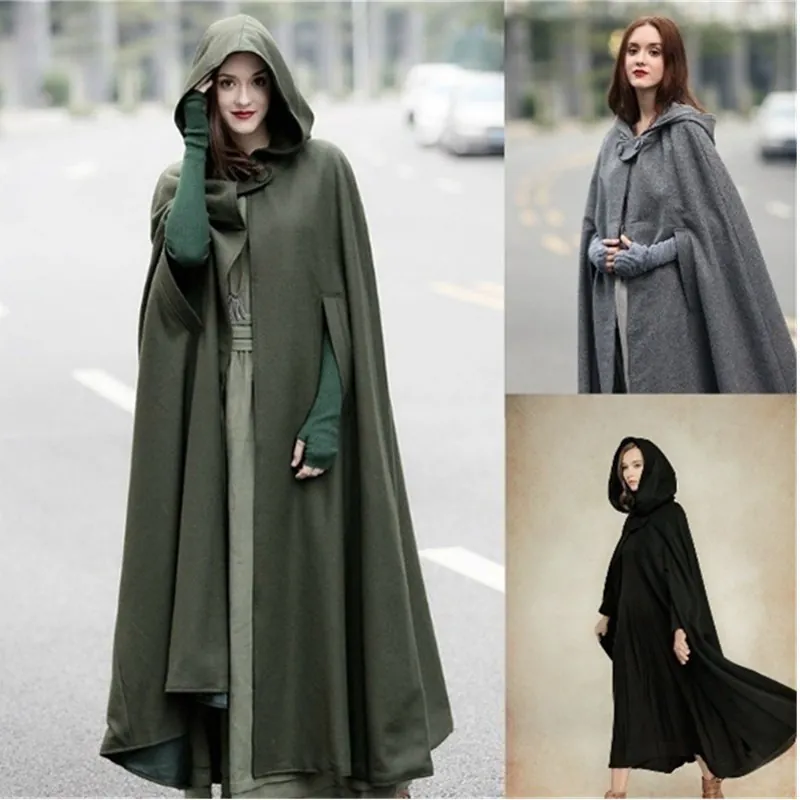 Women's Extra Long Hooded Cloak Coat Woolen Polyester Blend Single Button Batwing Sleeve European Vintage Style Shawl Outwear