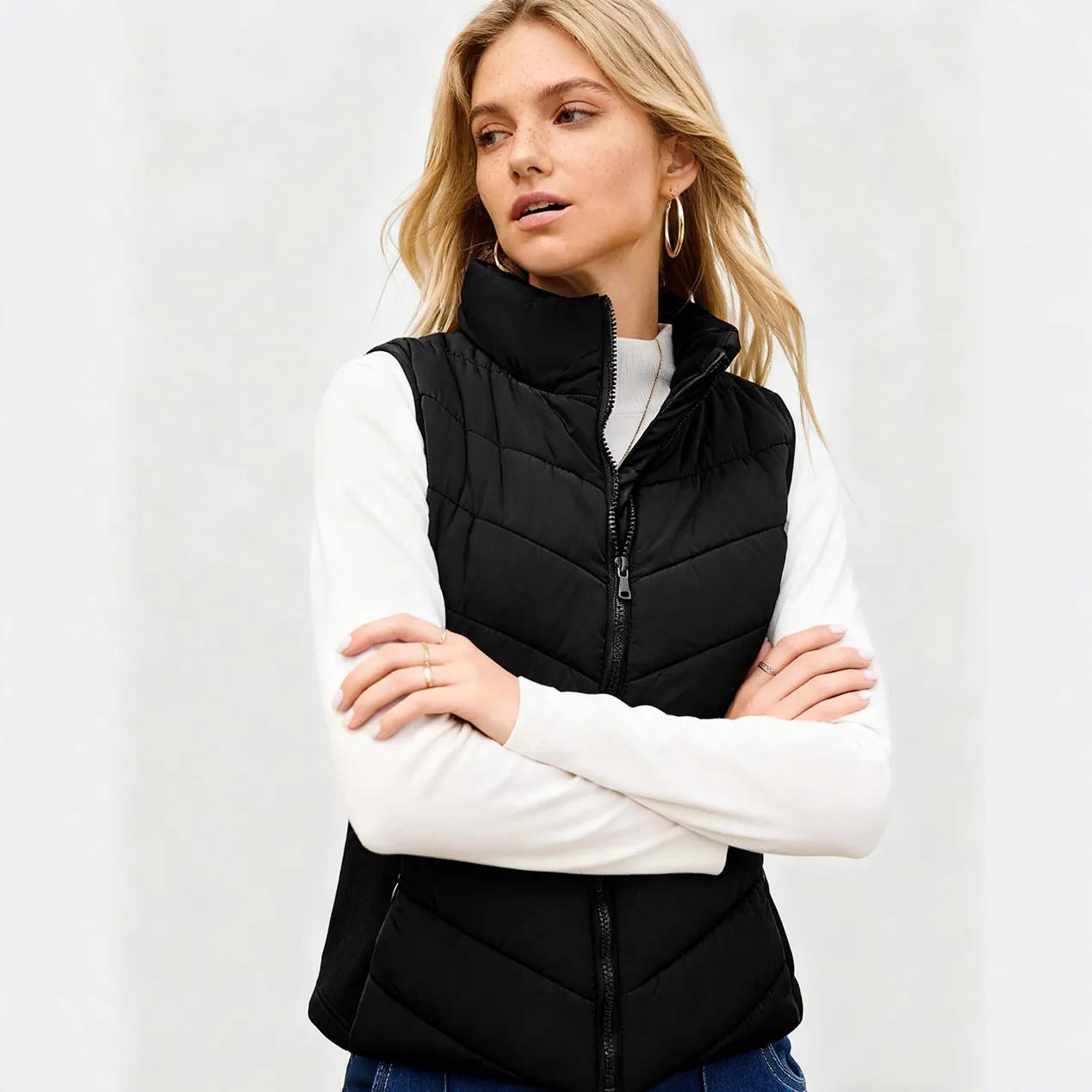 Women's Quilted Padded Vest Stand Collar Lightweight Zip Up Sleeveless Puffer Gilet Jacket For Spring Autumn Casual Outerwear