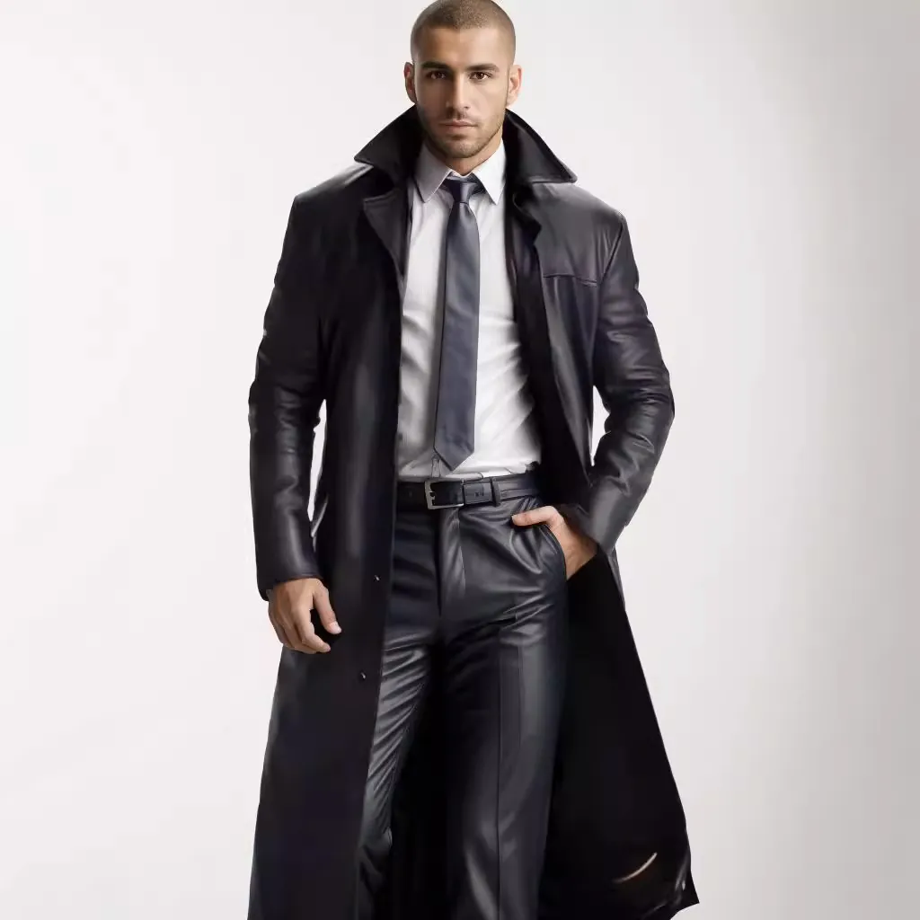 Herren Mode Lang PU Leder Trenchcoat Schlanke Passform Extra Lang Kunstleder Mantel Einreihig Winddicht Jacke Für Herren