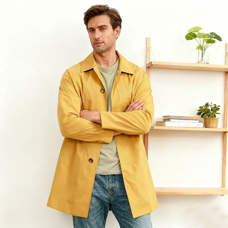 Men's Slim Fit Mid-Long Trench Coat Classic Turn-Down Collar Single Breasted Windbreaker Casual Fashion Outerwear Jacket