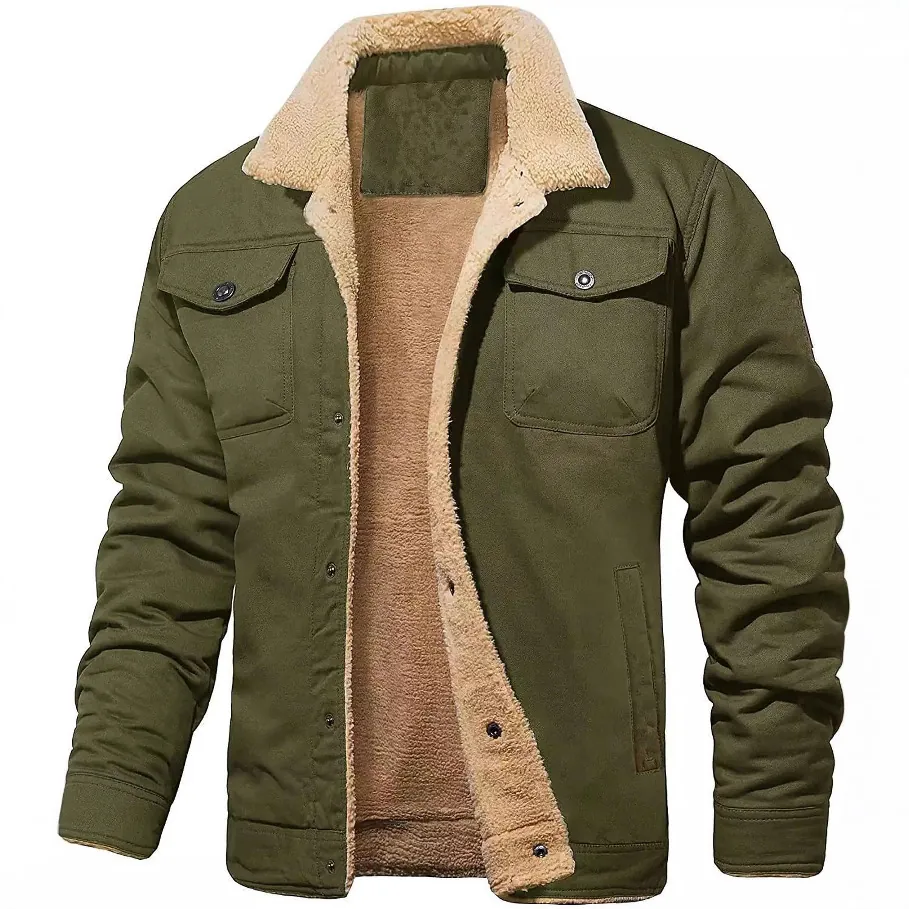 Men Classic Fleece Lined Work Jacket Vintage Casual Sherpa Lapel Warm Multi-pocket Outerwear Polyester Workwear Jacket