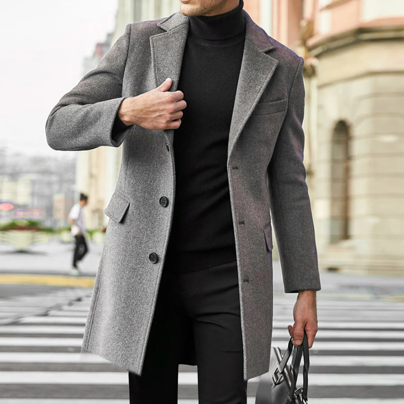 Cappotto da Uomo in Poliestere a Media Lunghezza Stile Britannico Rever a Lancetta Manica Lunga Slim Fit Trench Business Casual Autunno Inverno