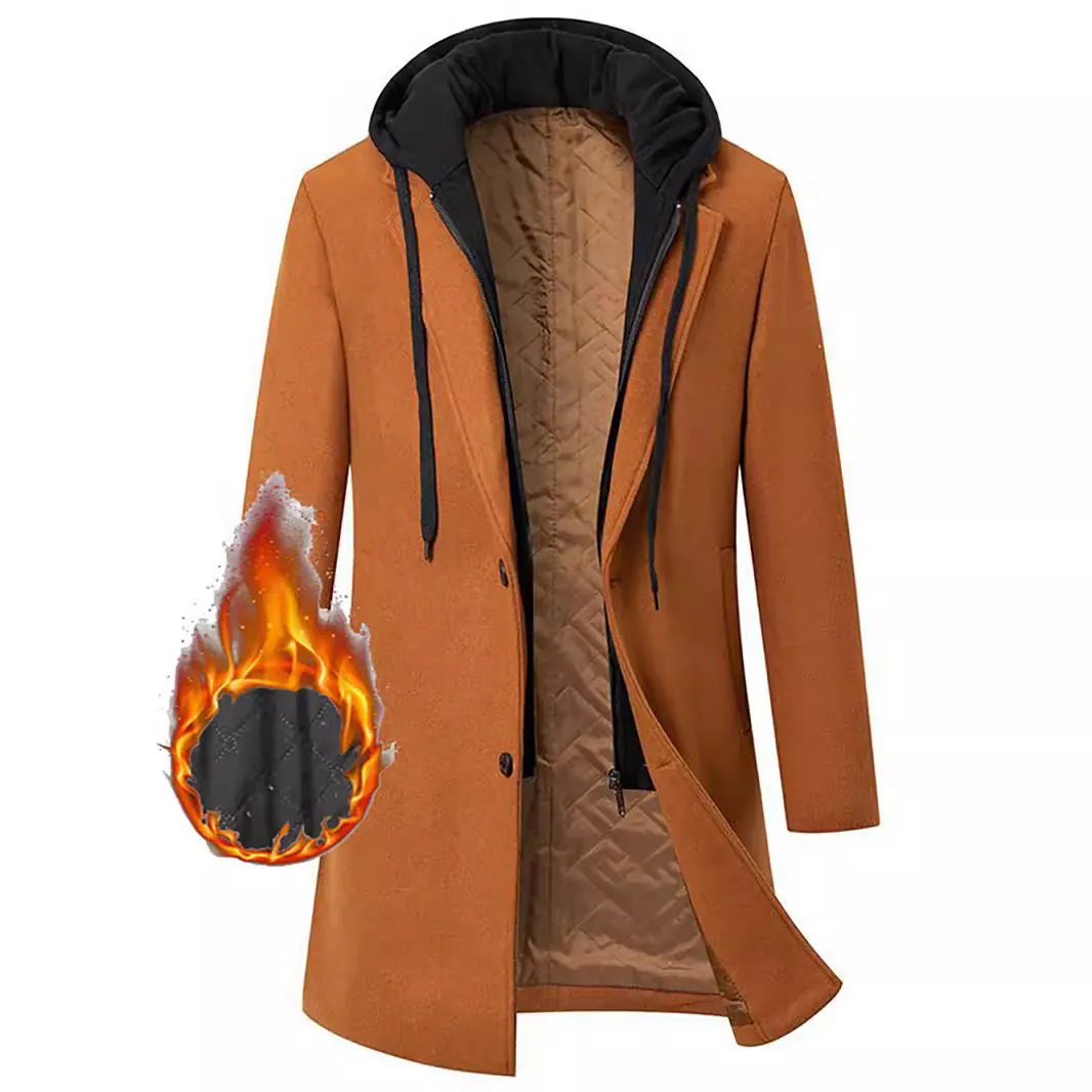 Heren Middellange Wollen Jas Met Capuchon Nep Tweedelig Ontwerp Verdikte Gewatteerde Overjas Urban Slim Fit Winterjas Top