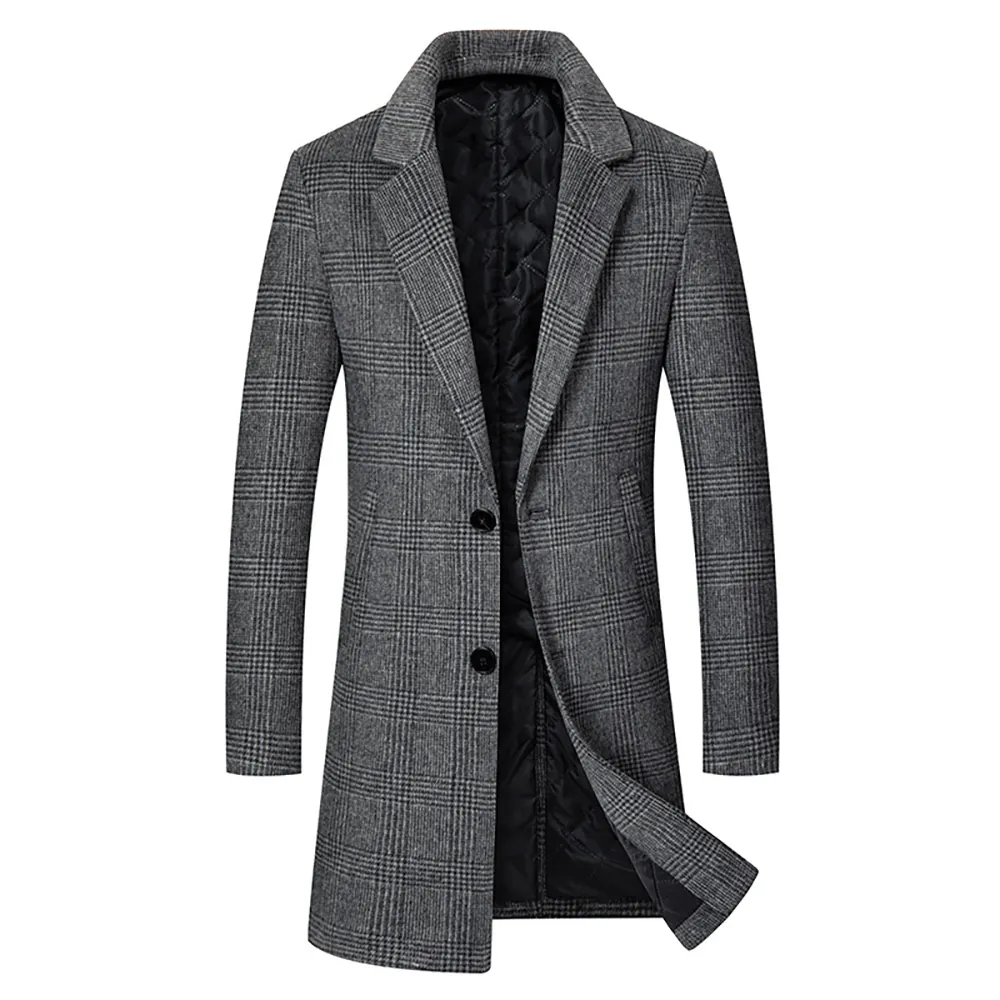 Men Plaid Wool Coat Thickened Padded Mid-Length Slim Fit Lapel Windbreaker Top Jacket Autumn Winter Fashion Overcoat For Men