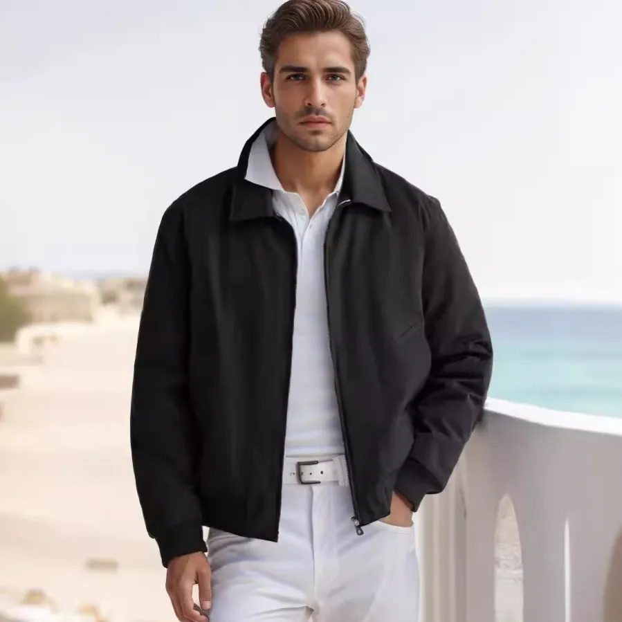 Men Harrington Zipper Jacket Lapel Design Casual Commuter Outerwear Solid Color Ribbed Cuff Polyester Windproof Spring Fall Top
