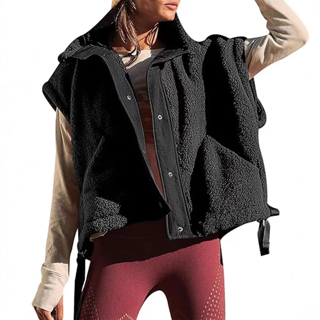 Women Sherpa Fleece Vest Sleeveless Jacket Warm Winter Waistcoat Outwear Button Up Loose Casual Fashion Polyester Plush Gilets