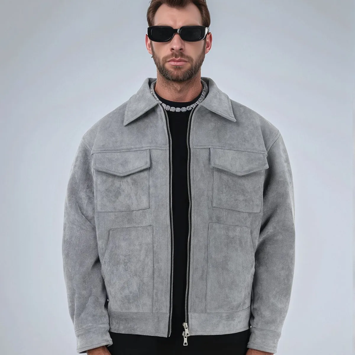 Men Casual Suede Faux Leather Jacket With Cargo Pockets Spring Autumn Zip Up Western Style Lapel Workwear Outerwear Top