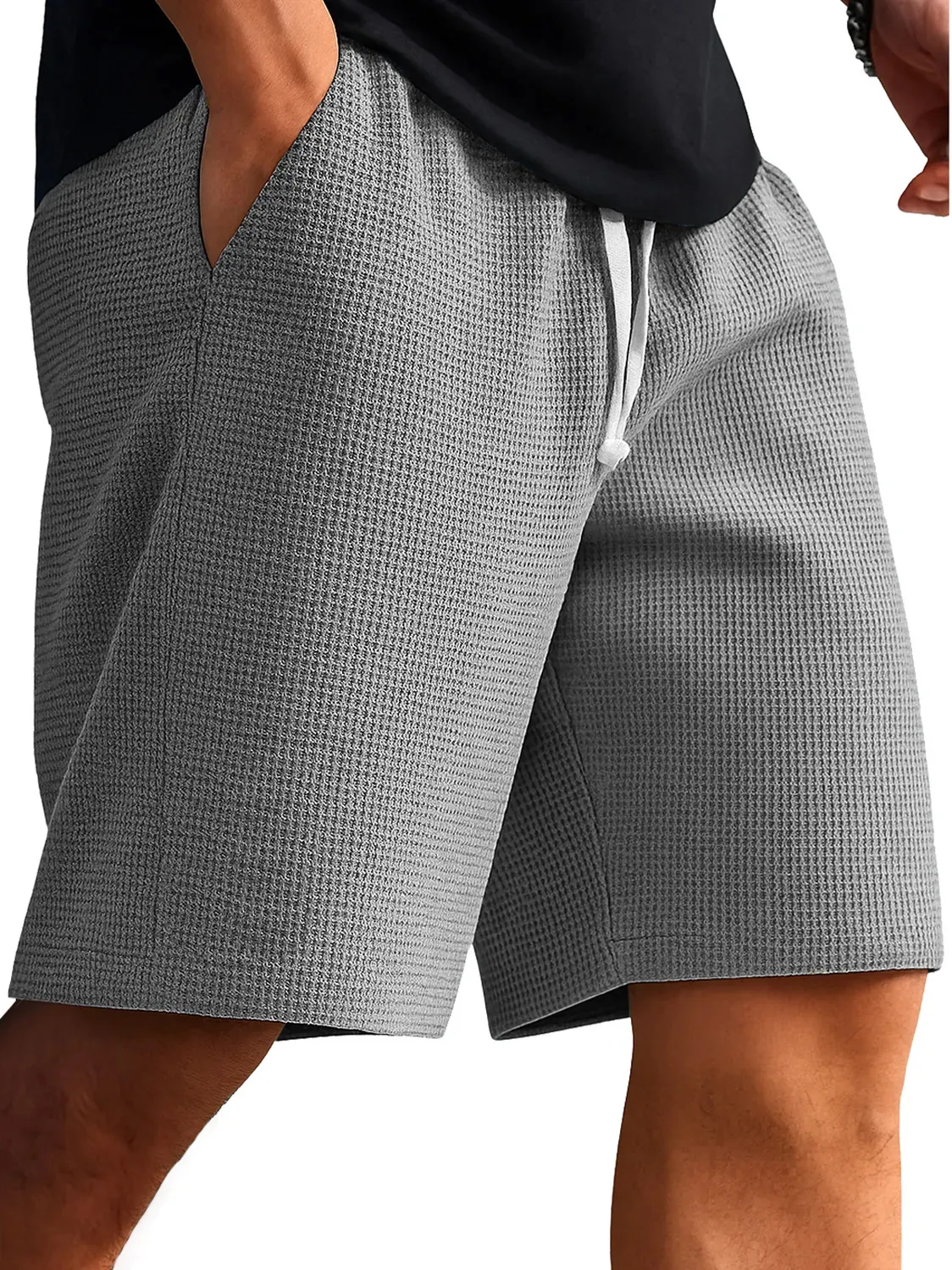 Men Casual Shorts Waffle Knit Relaxed Fit Summer Drawstring Shorts Beach Sports Wear Comfortable Polyester Bottom For Men