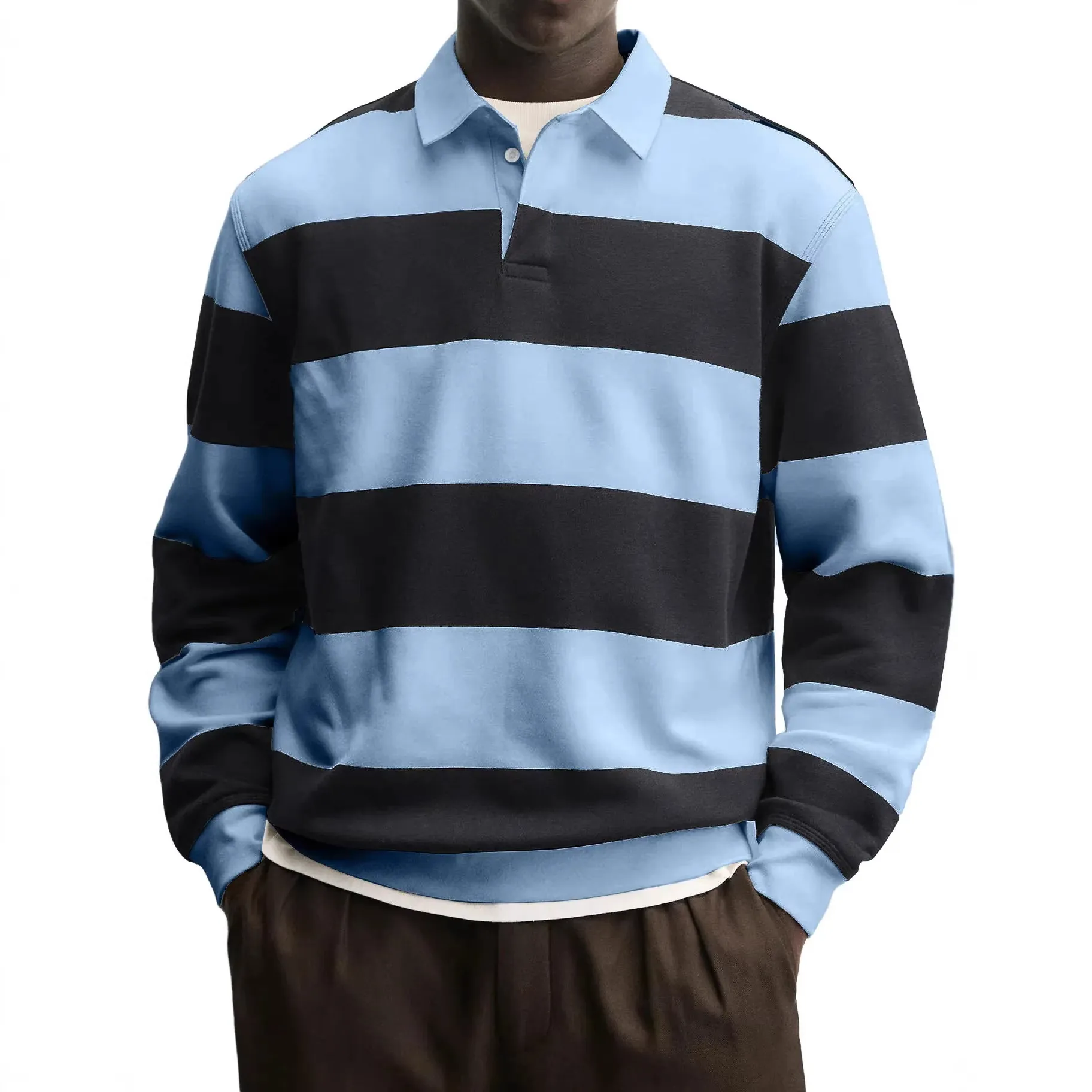 Herren Casual Langarm Gestreift Farbblock Revers Knopf Polo T-Shirt Baumwollmischung Locker Sweatshirt Rugby Top