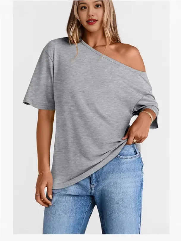 T-shirt da Donna Casual con Spalla Scoperta Manica Corta Misto Cotone Poliestere Vestibilità Larga Top Moda Tinta Unita Estate