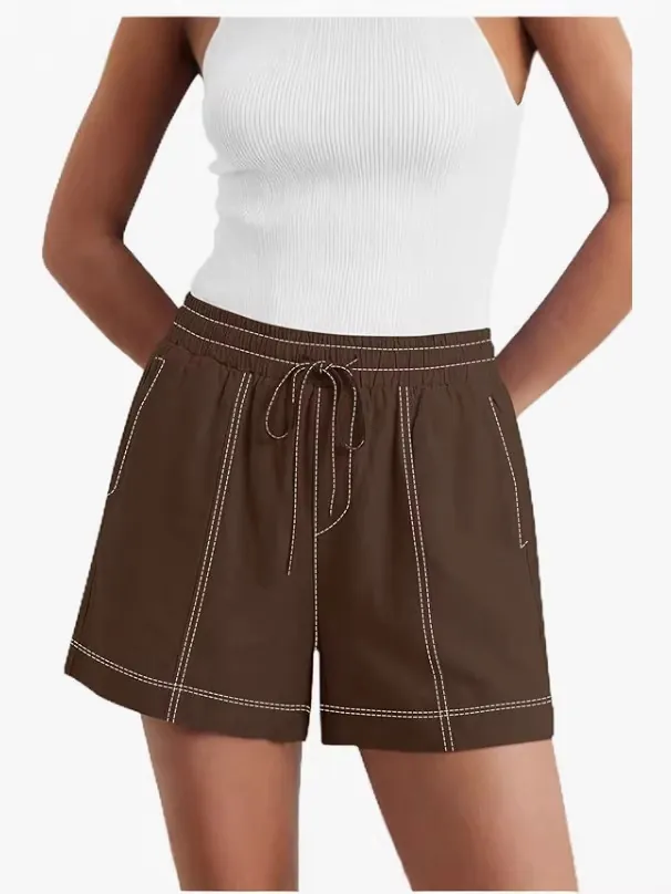 Pantaloncini Casual da Donna Vita Elastica Coulisse Estate Impunture Tasche Tinta Unita Pantaloni Moda per Quotidiano Spiaggia
