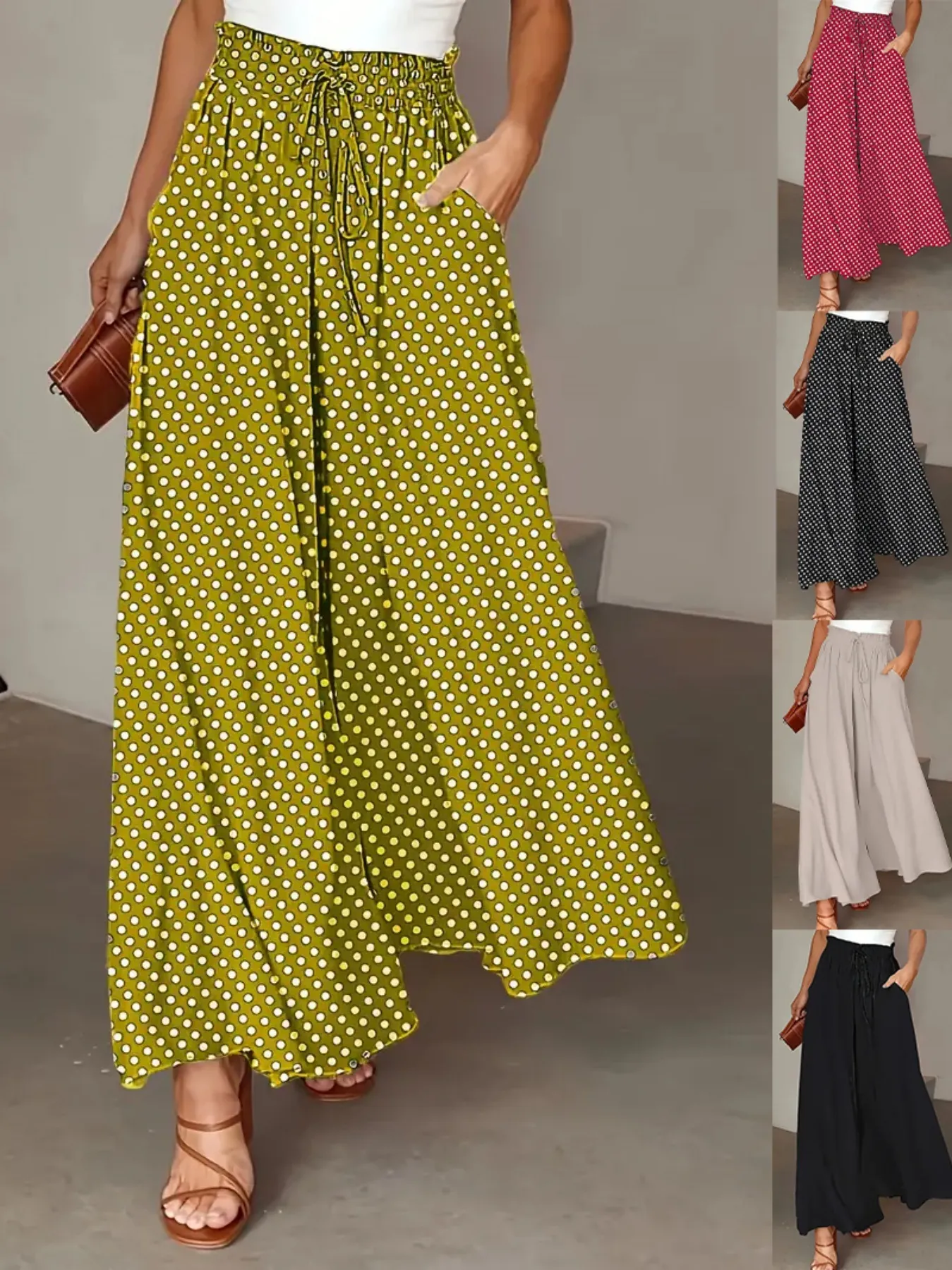 Women Bohemian Wide Leg Culottes Polyester Spandex Elastic Waist Polka Dot Printed Long Pants With Pockets Casual Bottom