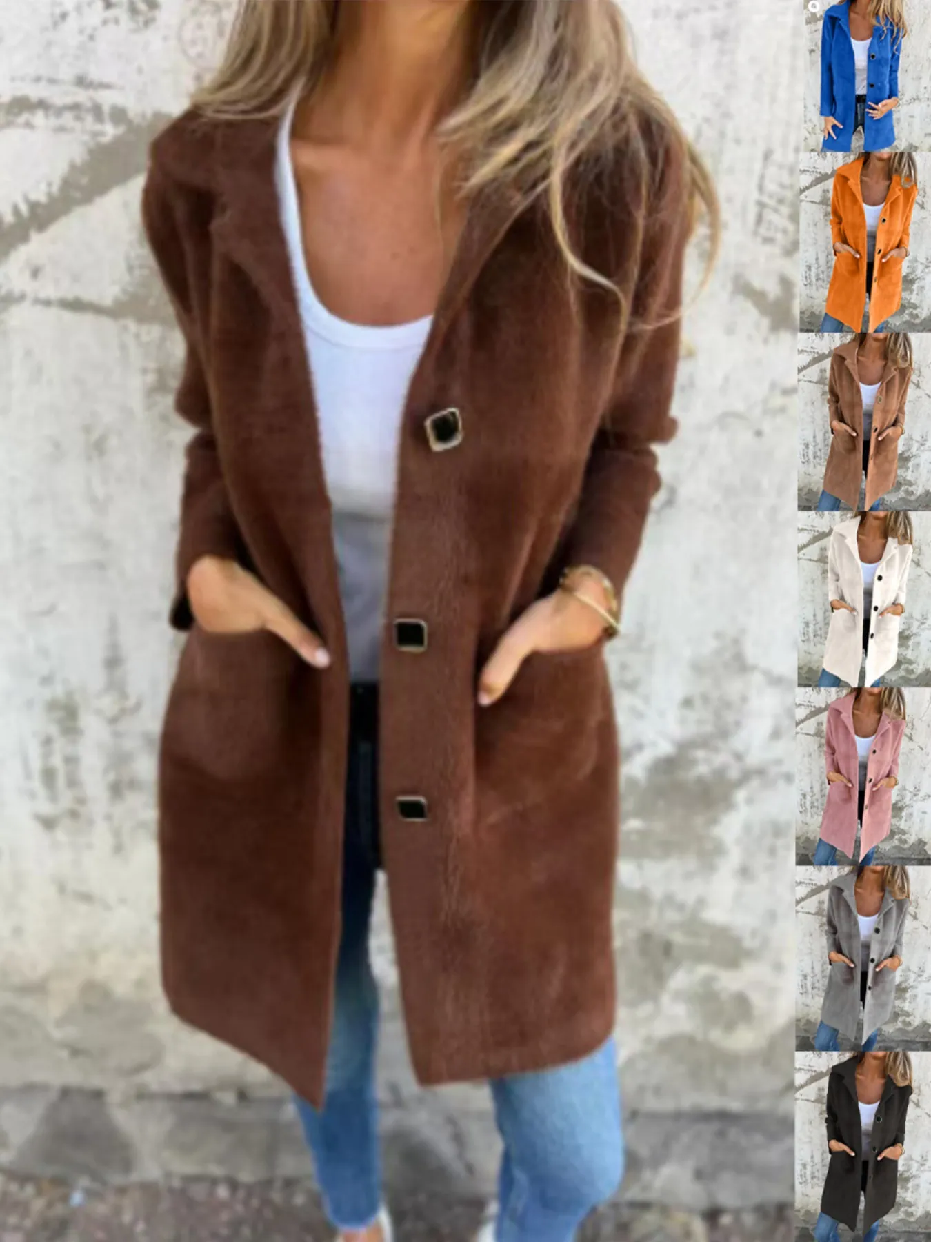 Abrigo de Solapa de Longitud Media para Mujer Abotonadura Sencilla Poliéster Elastano Color Sólido Con Bolsillos Otoño Invierno Casual Top
