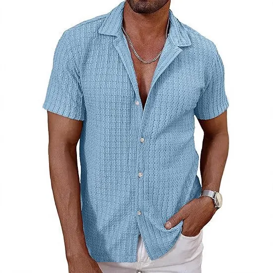 Camisa de Punto de Manga Corta Casual para Hombre Calada Transpirable Solapa con Botones Mezcla de Poliéster Verano