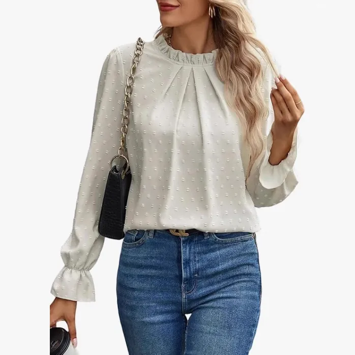 T-shirt Jacquard da Donna in Poliestere Slim Fit Girocollo Manica Lunga Swiss Dot Top con Volant Casual Elegante Abbigliamento Donna Primavera Autunno