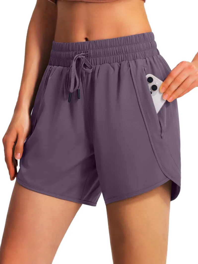 Women Athletic Running Shorts Quick Dry Lightweight Gym Fitness Workout Bottoms With Zipper Pockets High Waist Elastic Drawstring Shorts