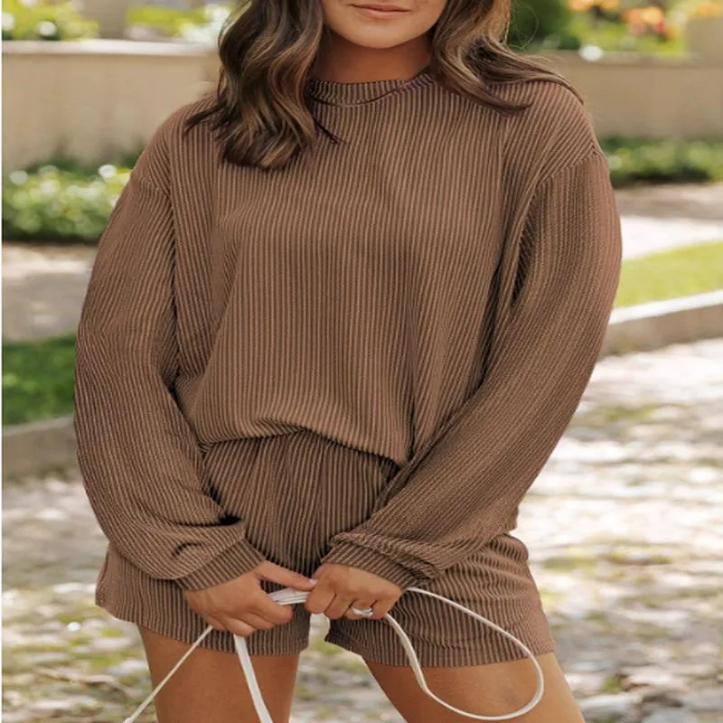 Ensemble Femme Décontracté Rayé Nervuré Haut et Bas Chemise Manches Longues Col Rond et Short Taille Haute Automne