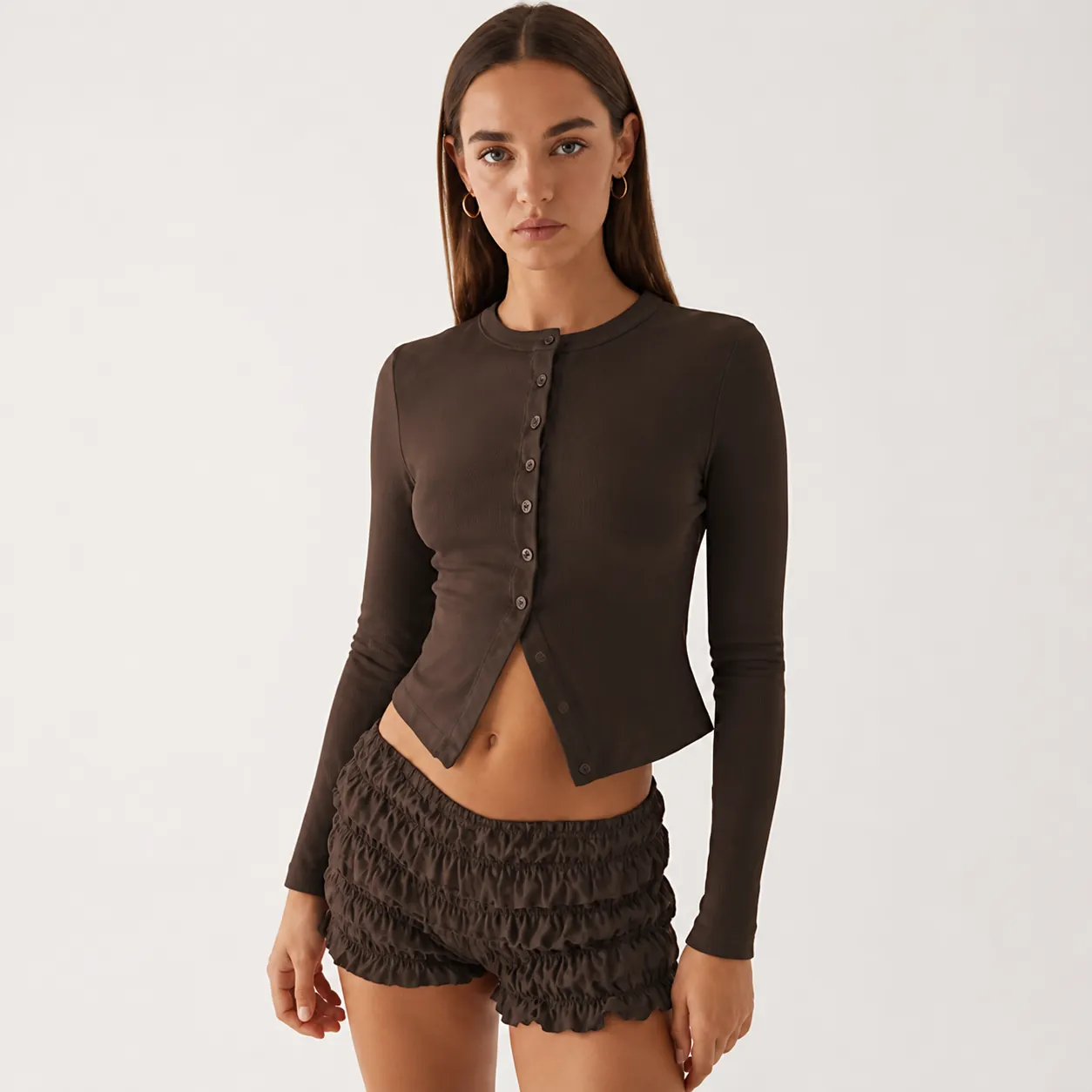 Women Sexy Ribbed Knit Cropped Button Cardigan Top Long Sleeve Slim Fit Solid Color Summer Spring Fashion Top