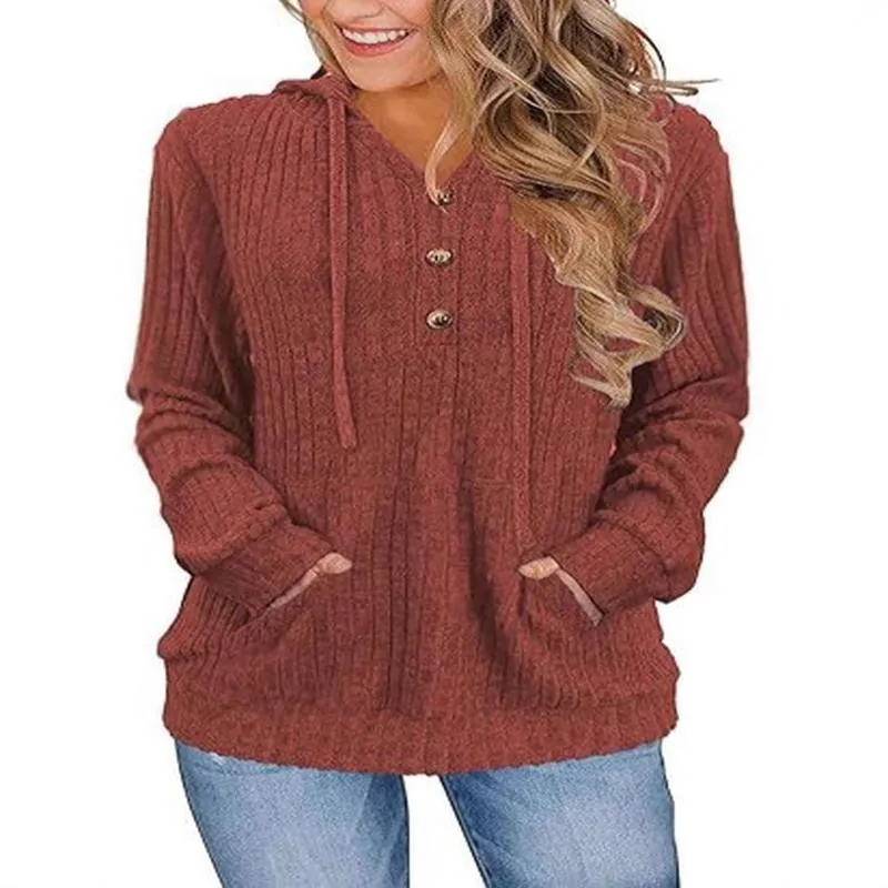 Femme Décontracté Ample Tricot Nervuré Sweat à Capuche Manches Longues Col en V Boutons Pullover Avec Poche Kangourou Top Automne Hiver