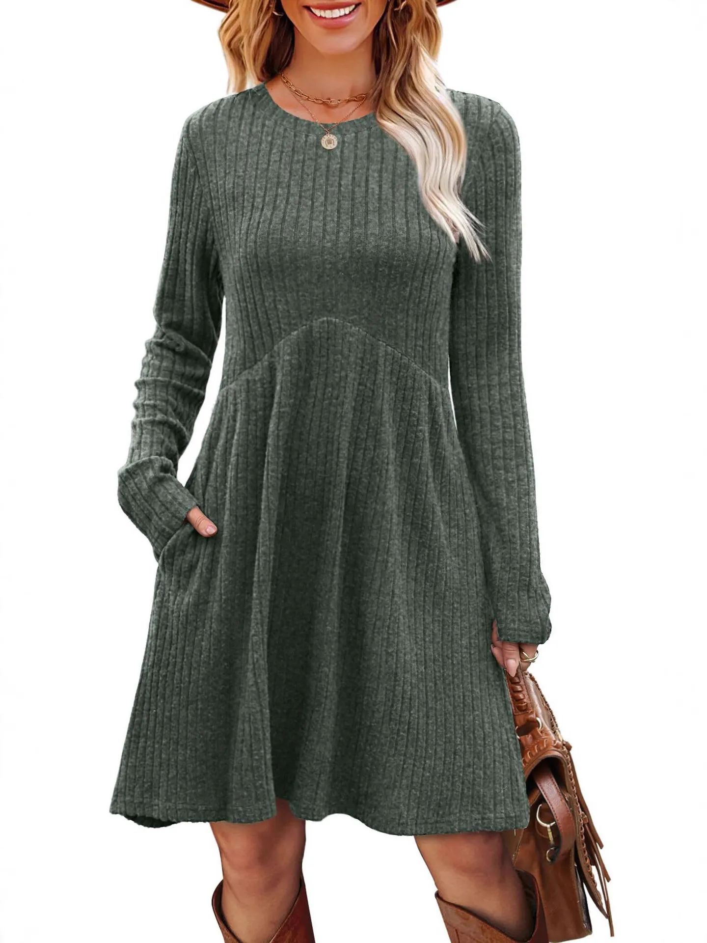 Women Bohemian Ribbed Long Sleeve Dress Crew Neck Solid Color Midi Dress With Pockets Casual Autumn Winter Polyester Dress