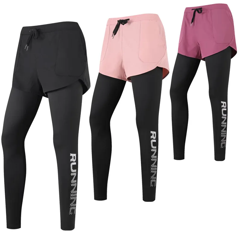 Women 2-in-1 Yoga Pants Quick-Dry Running Leggings Double Layer Anti-Exposure Fitness Tights With Drawstring And Letter Print Polyester Bottom