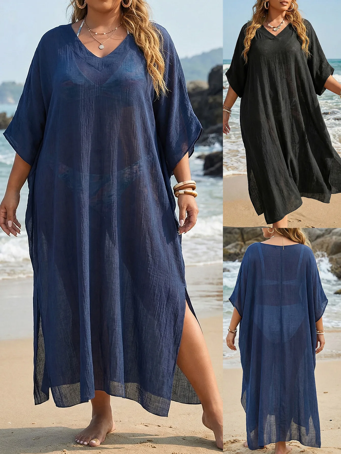 Damen Plus Size V-Ausschnitt Strand Cover Up Locker Lässig Sommer Maxi Kleid Seitenschlitz Kaftan Einfarbig Polyester Strandmode