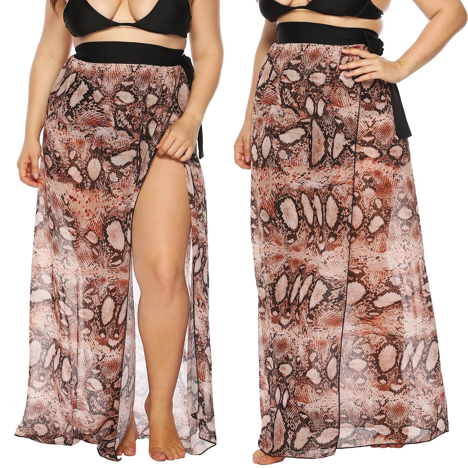 Women Plus Size Snake Print Chiffon Wrap Skirt Asymmetric High Slit Beach Sarong Bohemian Sexy Orange Skirt For Summer