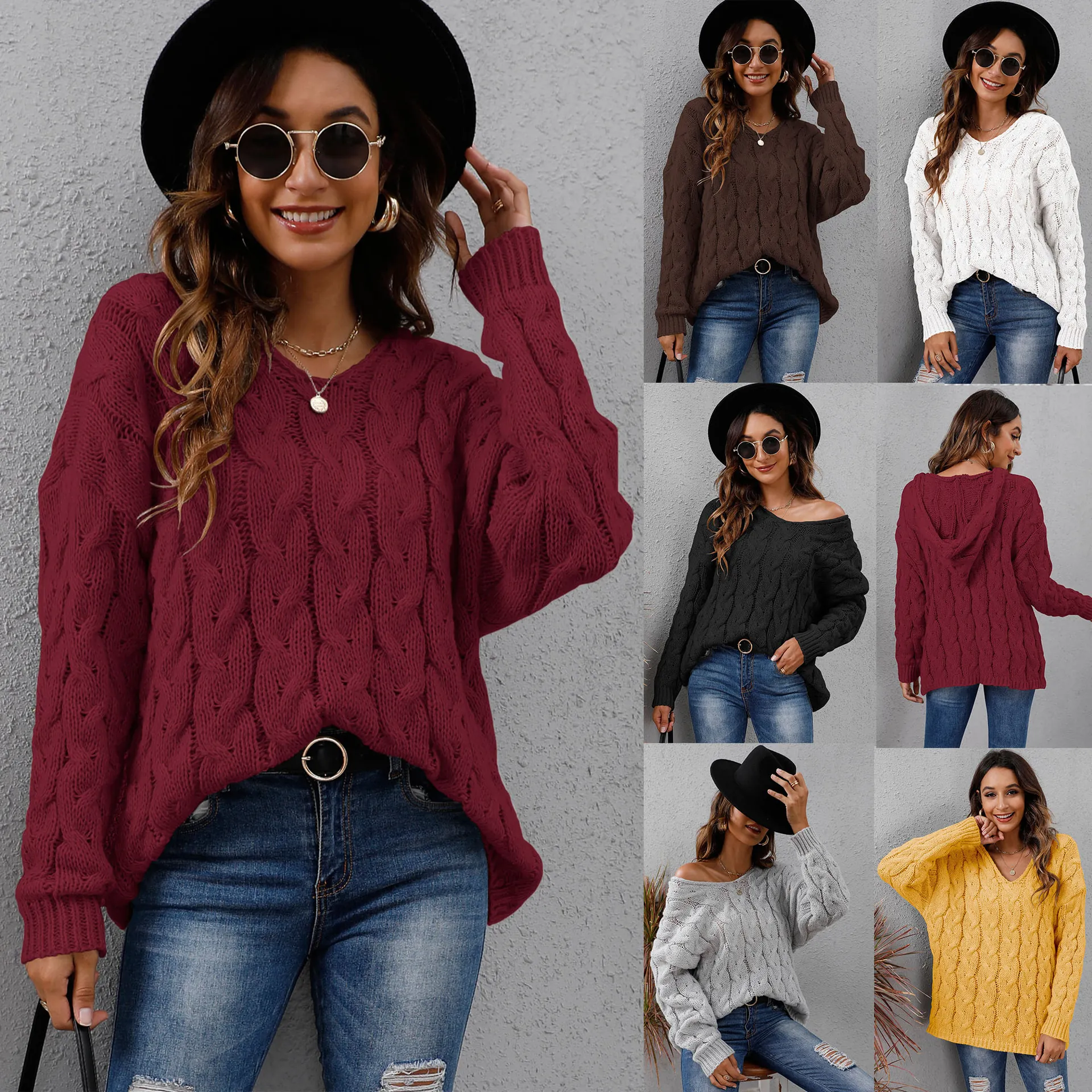 Damen Dicke Zopfstrick Kapuzenpullover Lässig V-Ausschnitt Lockere Langarm Acryl Strickwaren Top Für Herbst Winter