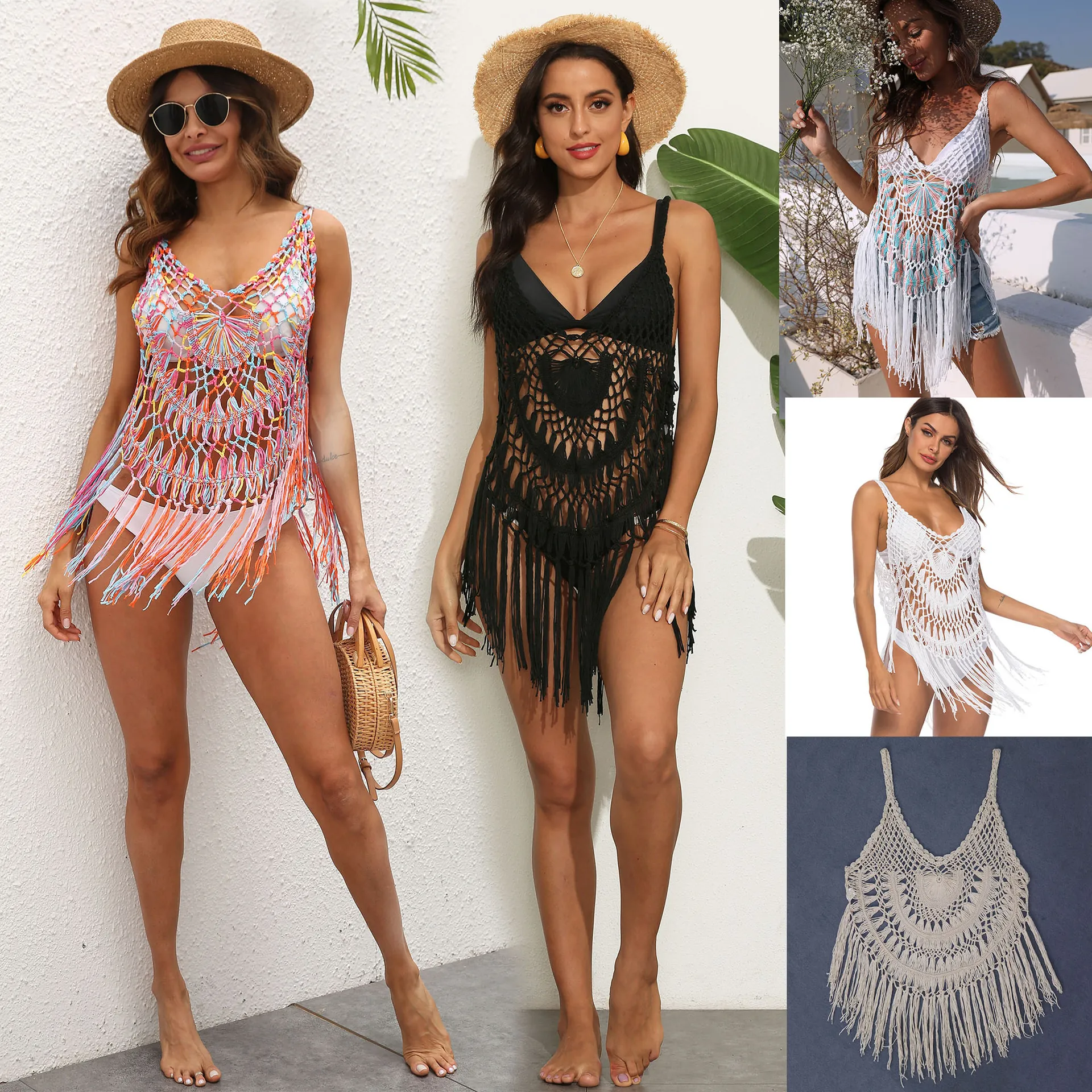Damen Sexy Boho Handgehäkelt Strand Cover-Up Top V-Ausschnitt Ärmellos Fransen Quasten Patchwork Hohl Ausgeschnitten Cami Urlaub Bademode Top