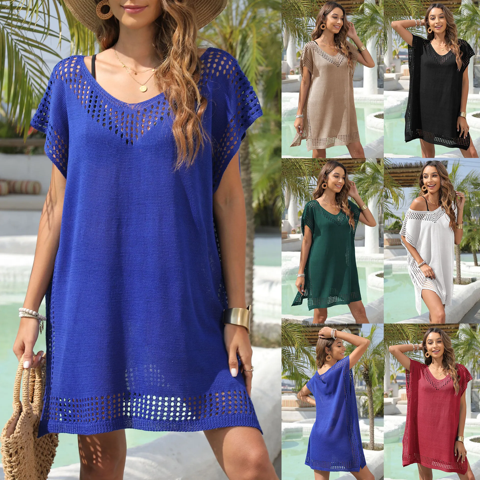 Robe de Plage Ajourée en Tricot pour Femmes avec Col en V Décontractée Ample Épissage Tenue de Plage Vacances Jupe de Plage