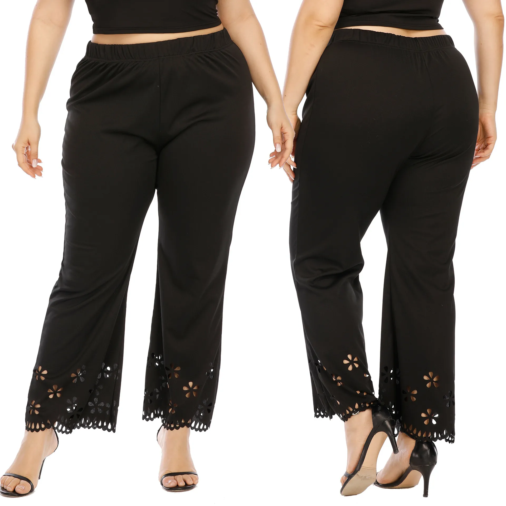 Plus Size Women's High Waist Straight Leg Pants Laser Cut Floral Hem Black Casual Trousers Polyester Bottom