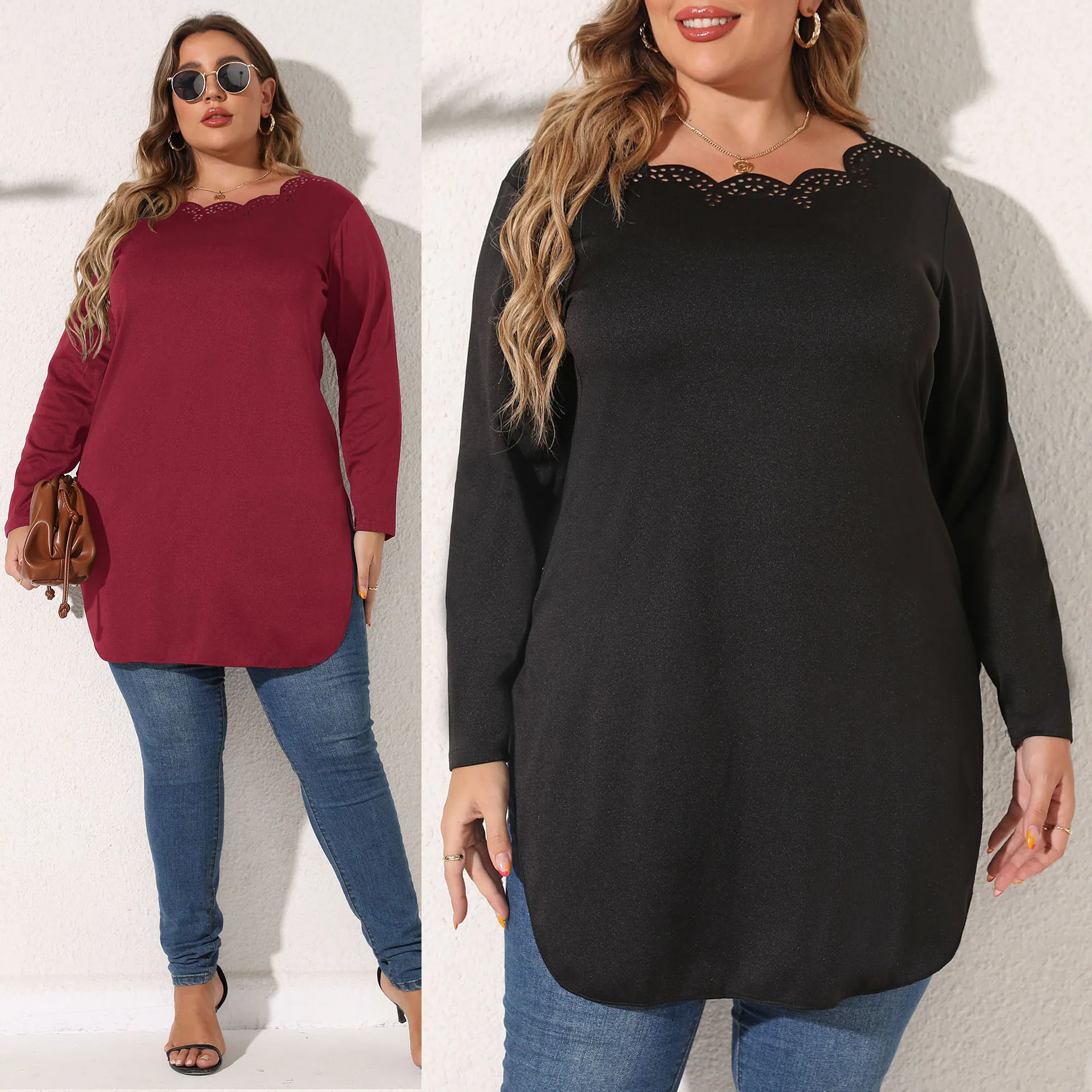 Haut Femmes Grandes Tailles Manches Longues Col Festonné Ajouré Mi-Long Décontracté Couleur Unie Coupe Ample pour Automne