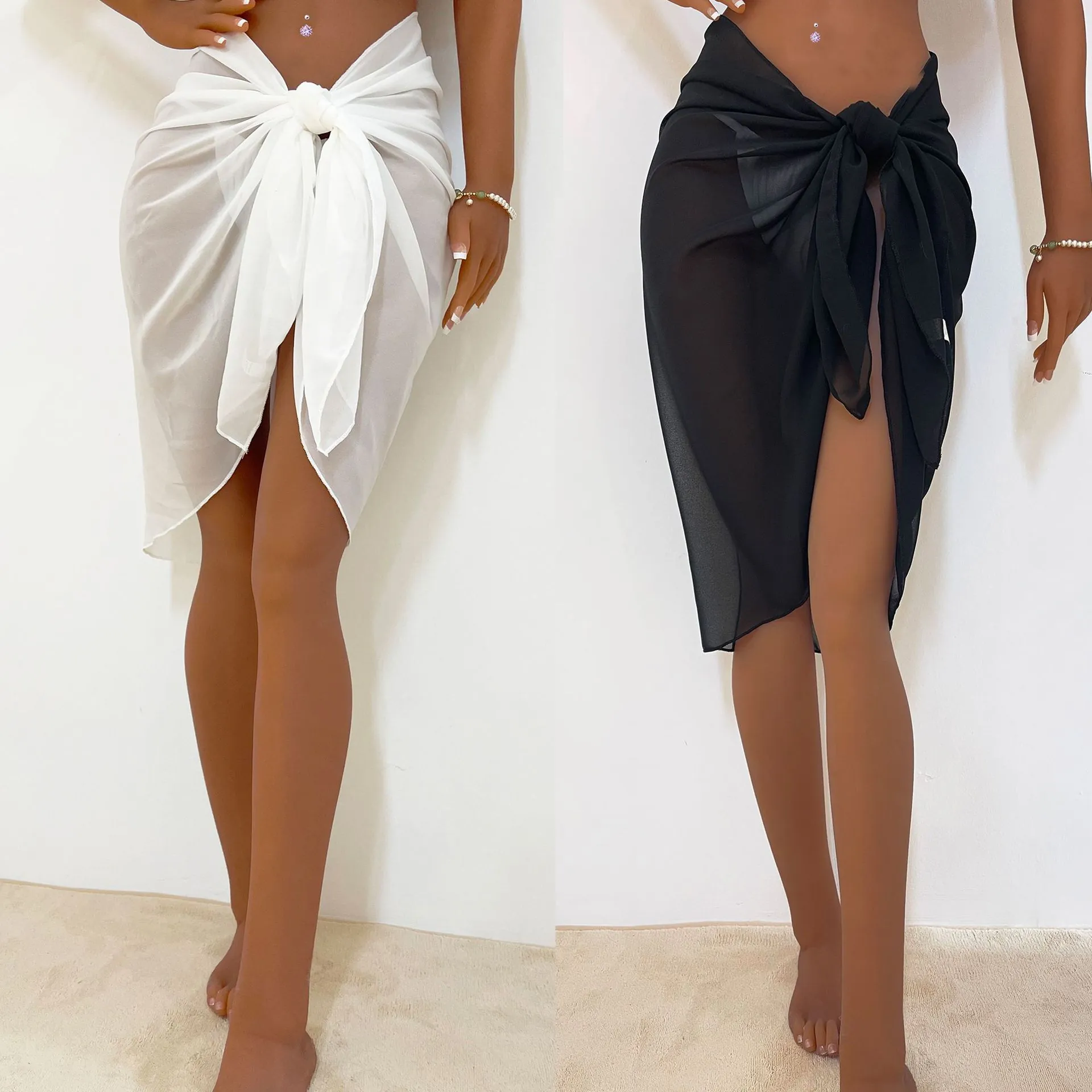Women Sexy Sheer Chiffon Wrap Around Beach Sarong Tie Waist Skirt Solid Color Breathable Summer Holiday Vacation Cover Up Bottom