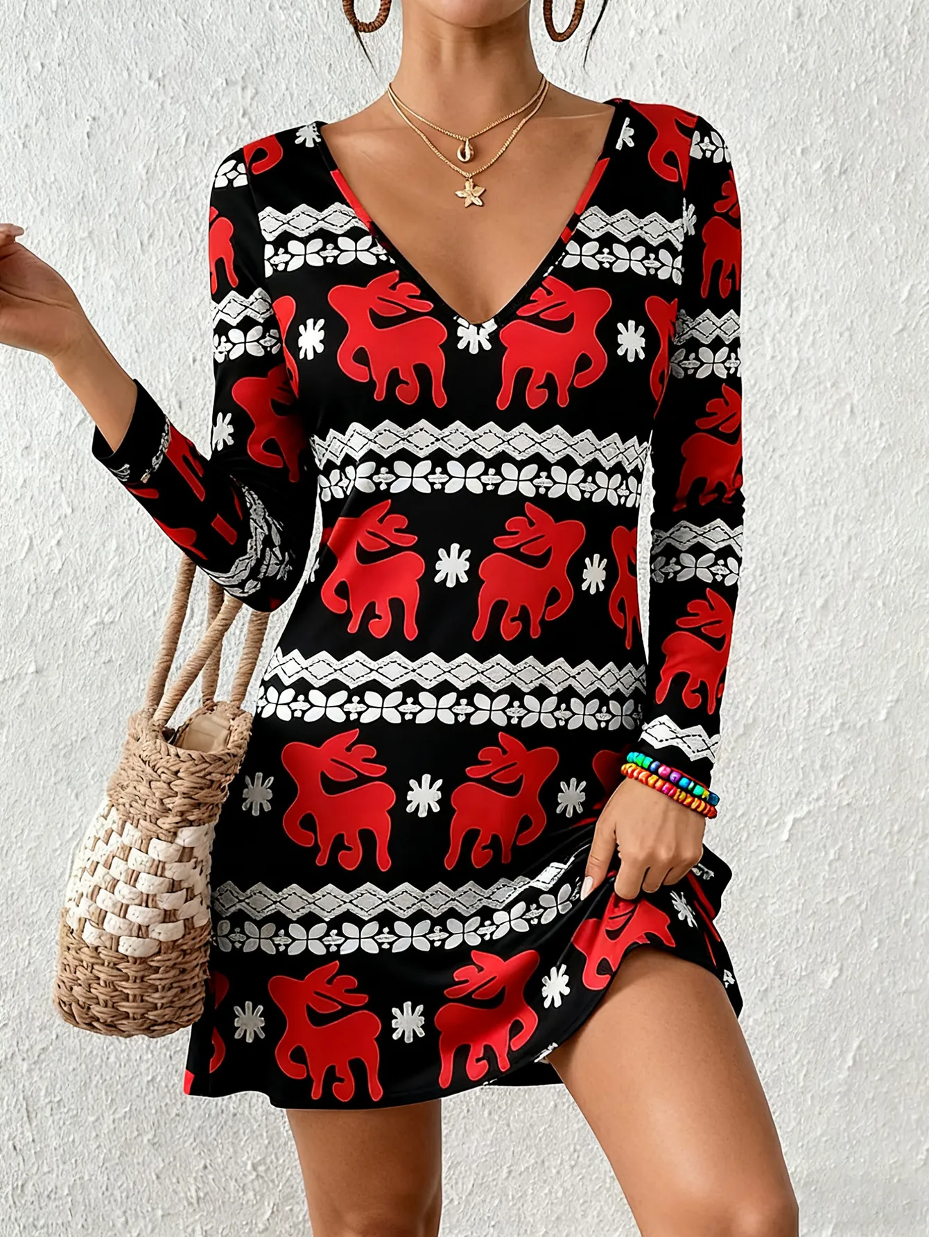 Women Deep V Neck Long Sleeve A-Line Mini Dress Polyester Spandex Festive Reindeer Snowflake Butterfly Printed Casual Dress