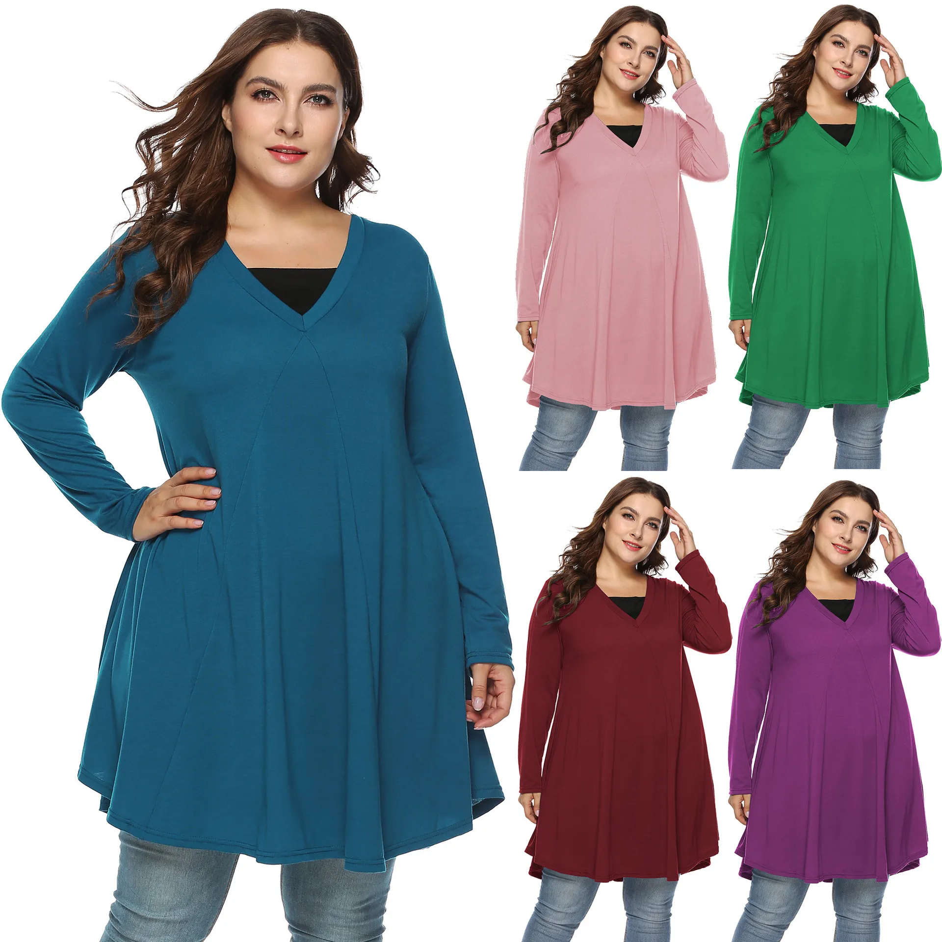 Damen Übergröße Kleid V-Ausschnitt Langarm Patchwork Unregelmäßiger Saum Falscher Zweiteiler Baumwollmischung Locker Kleid